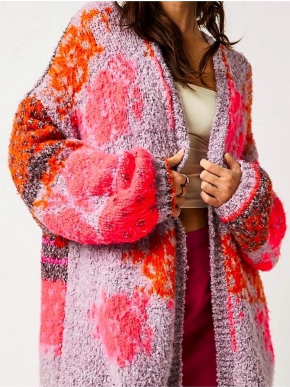 Free People Textured Floral Cardigan in Pink, Lavender & Orange